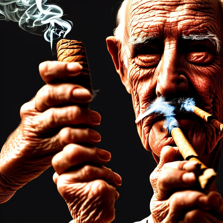 Prompt: a detailed portrait of an old man, smoking a perfectly symmetrical cuban cigar, cinematic photography, smoke rising like clouds, beautifully symmetrical, super resolution, cgi, trending on art station, volumetric lighting & shadows, hyper detailed, 8 k, unreal engine, canon 2 0 0 mm,