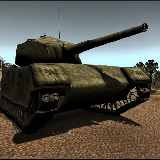 Image similar to wwii tank in morrowind, retro 3 d graphics, game screenshot