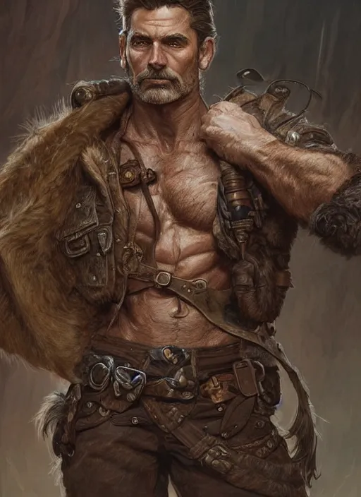 Image similar to portrait of a ruggedly handsome ranger, hands details, muscular, half body, leather, hairy, d & d, fantasy, intricate, elegant, highly detailed, digital painting, artstation, concept art, smooth, sharp focus, illustration, art by artgerm and greg rutkowski and alphonse mucha