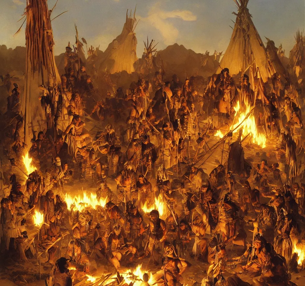 Image similar to native american chief speaks to his council around the fire in the teepee by frank frazetta, artgerm, albert bierstadt, tomasz alen kopera