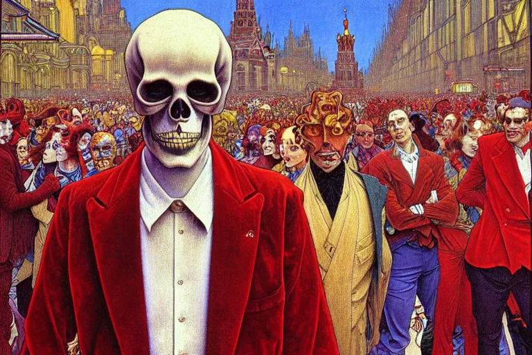 Image similar to realistic detailed portrait painting of a single skeleton wearing red velvet blazer in a crowded futuristic moscow street by Jean Delville, Amano, Yves Tanguy, Alphonse Mucha, Ernst Haeckel, Edward Robert Hughes, Roger Dean, rich moody colours, blue eyes