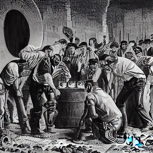 Image similar to retro photograph of exploited workers digging out unlimited gold, rich monarchs watch and applaud while drinking wine