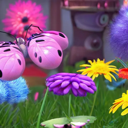Prompt: disney pixar's a bug's life, cgi funny butterflies, furry flowers