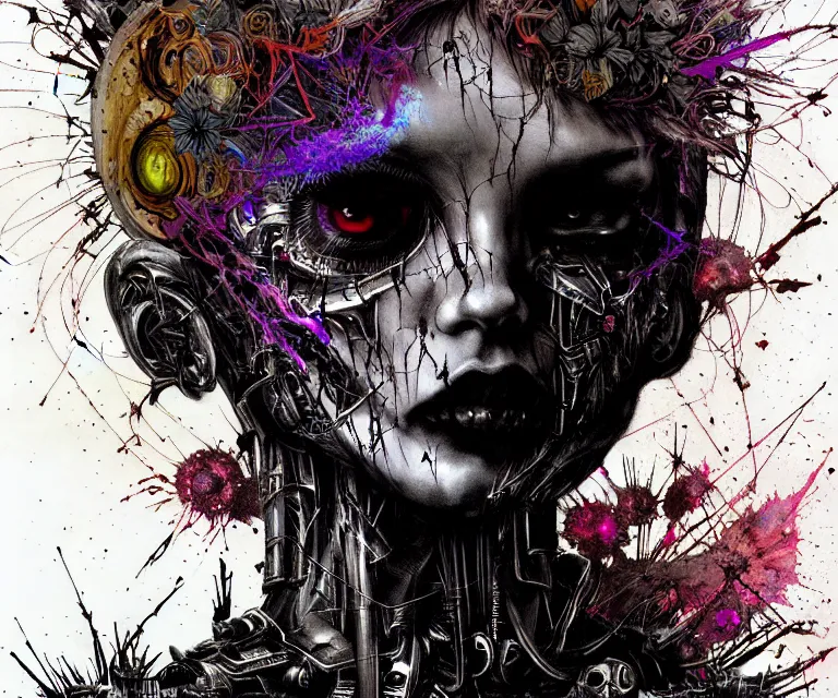 Prompt: gothic hybrid cyborg warrior girl, cybor clothes shaping the universe, freedom fighter, eerie, cinematic, epic, 8 k, ultra realistic, rendered by awesomeness. | a psychedelic apocalypse, illustration by albrecht durer, concept art in style of carne griffiths artwork by xsullo. | backround of beautiful floweres floatingby elson, peter kemp, peter