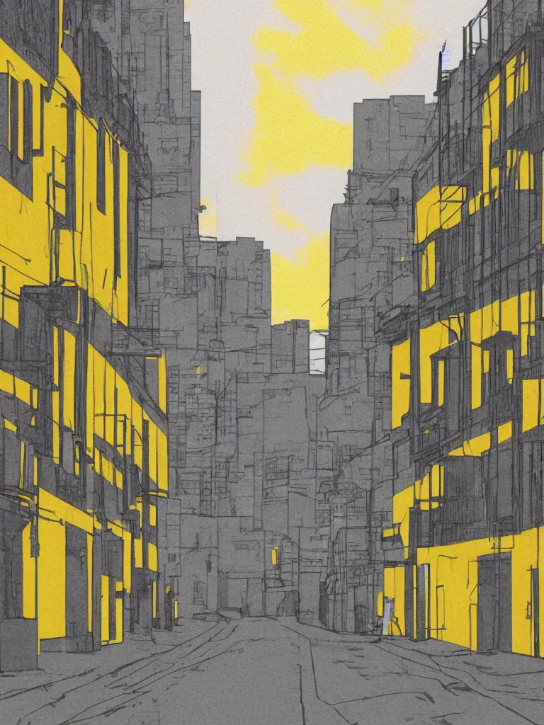 Prompt: gray street of the 8 0 s city, yellow sky as background, hyper realistic