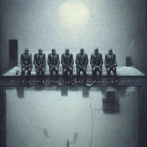 Image similar to Floating CRT monitors and business people by Beksinski