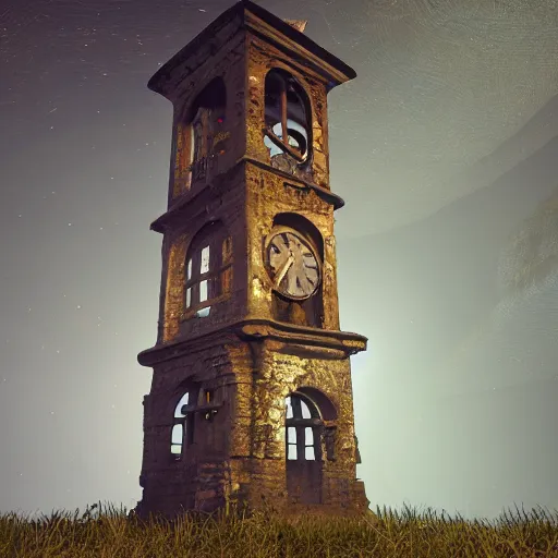 Prompt: an abandoned old rusty clocktower in a dark enormous cave, Low level light , digital art, unreal engine, trending on artstation, 4K UHD image