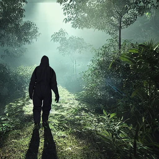 Prompt: a man wearing a hazmat suit and gasmask, walking through a lush jungle, unreal engine 5, ray traced, god rays, extremely high detail