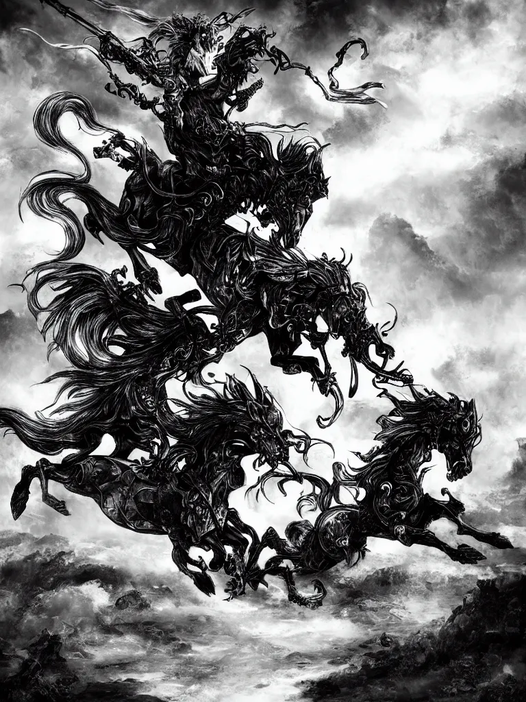 Image similar to black and white detailled illustration of death riding a pale horse over a wasteland in the style of yoshitaka amano