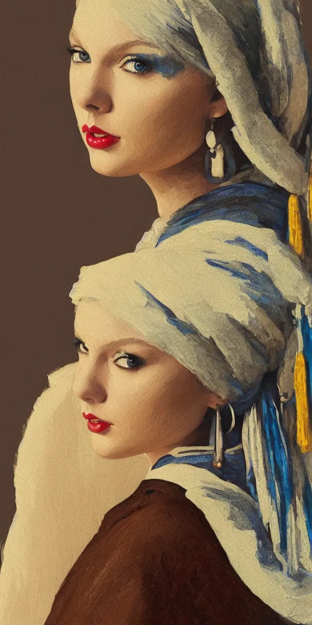 Image similar to Taylor Swift as the girl with the pearl earring, highly detailed, digital painting, artstation, concept art, smooth, sharp focus, illustration, ArtStation, art by artgerm and greg rutkowski and alphonse mucha and J. C. Leyendecker and Edmund Blair Leighton and Katsuhiro Otomo and Geof Darrow and Phil hale and Ashley wood and Ilya repin and Charlie Bowater