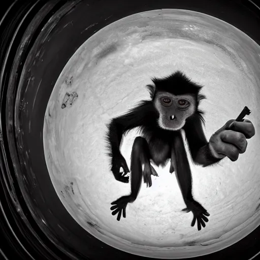 Image similar to A monkey smoking methamphetamine out of a crack pipe, fisheye lens