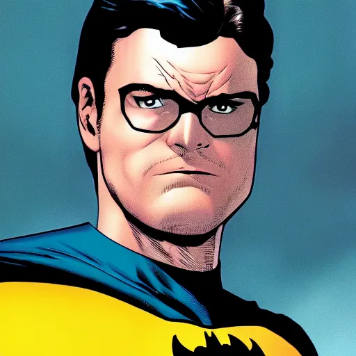 Image similar to batman looks like dwight schrute, dc comics, 4 k scan