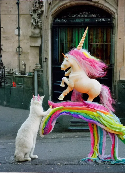 Prompt: a unicorn in paris, a cat and a piece of cabbage are bursting out of the unicorn, lsd, canon 5 d 5 0 mm lens kodachrome