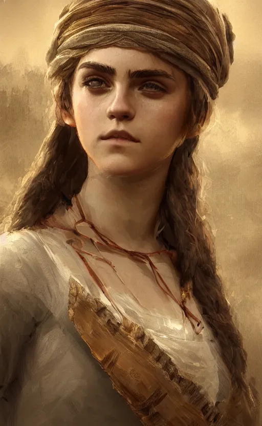 Prompt: portrait annasophia robb emma watson as ancient sardinian girl, highly detailed, digital painting, artstation, concept art, sharp focus, illustration, art by aleksi briclot, raphael lacoste, magali villeneuve