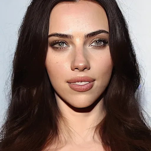 Image similar to a woman who is a genetic combination of kim kardashian and kat dennings and scarlett johansson and margot robbie and emma watson, face and upper - body focus, detailed eyes