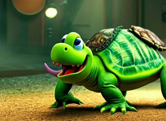 Image similar to film still of yoshi in the new sci - fi movie, cute upright dinosaur with a small turtle shell and long tongue, 8 k