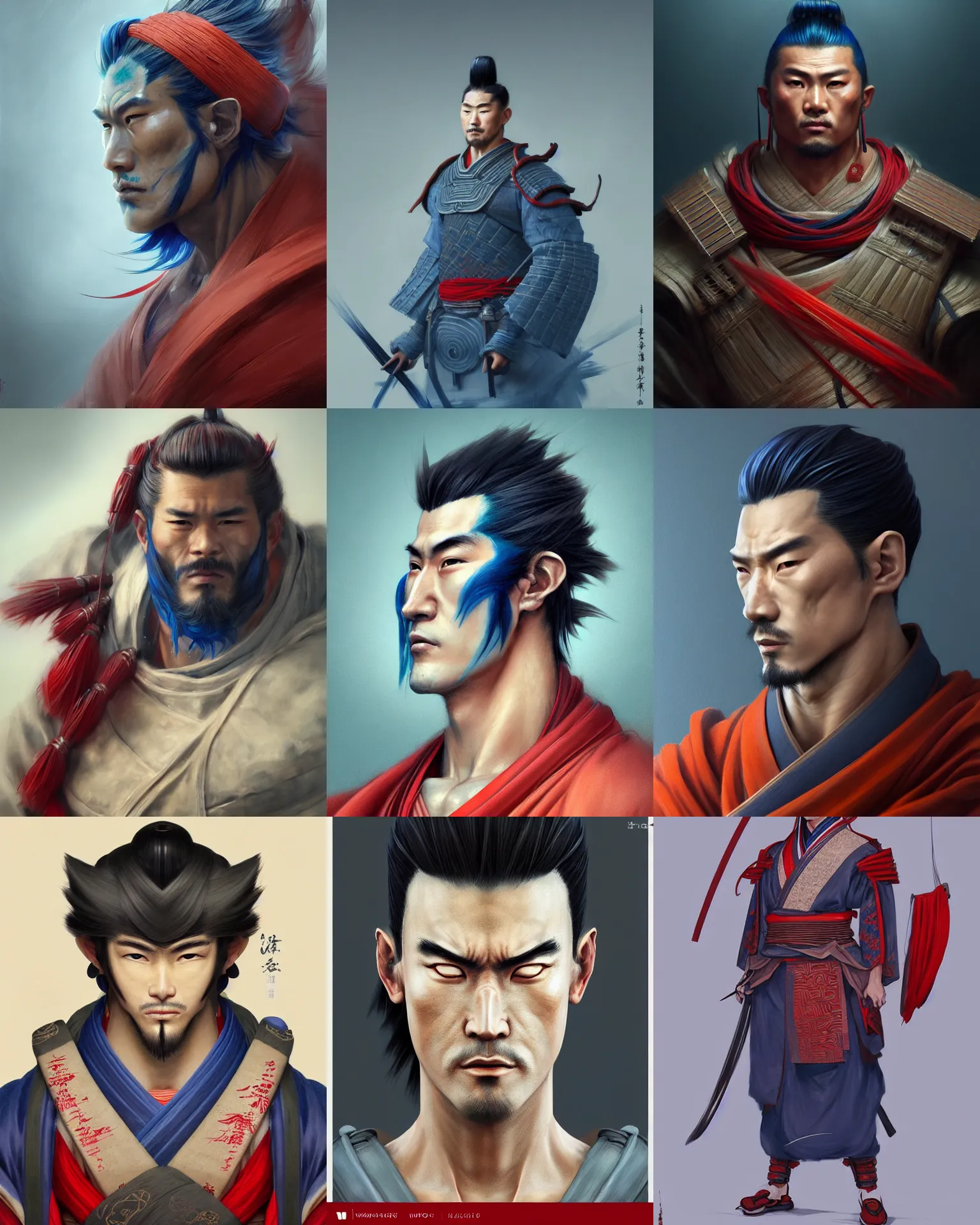 Prompt: full length portrait of a handsome and muscular japanese ronin, square masculine facial features, short messy hair, wearing a haori, by wlop and peter mohrbacher, extremely detailed shading, blue and red color palette, concept art, digital painting, trending on artstation, unreal engine 5, octane render, ray tracing, cinematic, vibrant colors