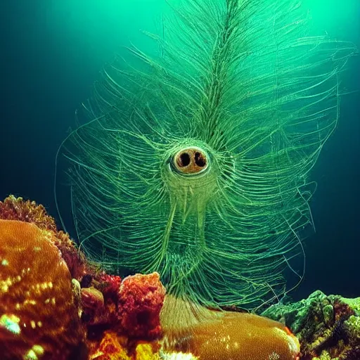 Image similar to “ underwater photograph of distant sea creature, greenish, murky ”