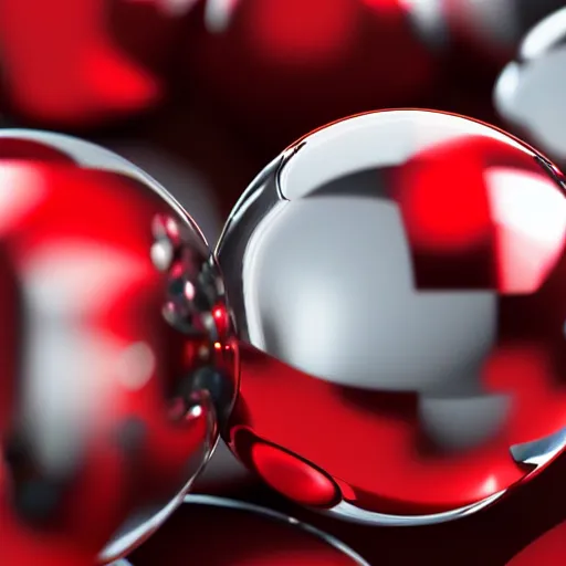 Prompt: chrome spheres on a red cube, depth of field