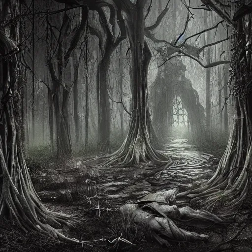 Image similar to mystical magic school in haunted swamp surrounded by dense forest with vines, creepy ambiance, desaturated, highly detailed, sharp focus, by artgerm, cgsociety