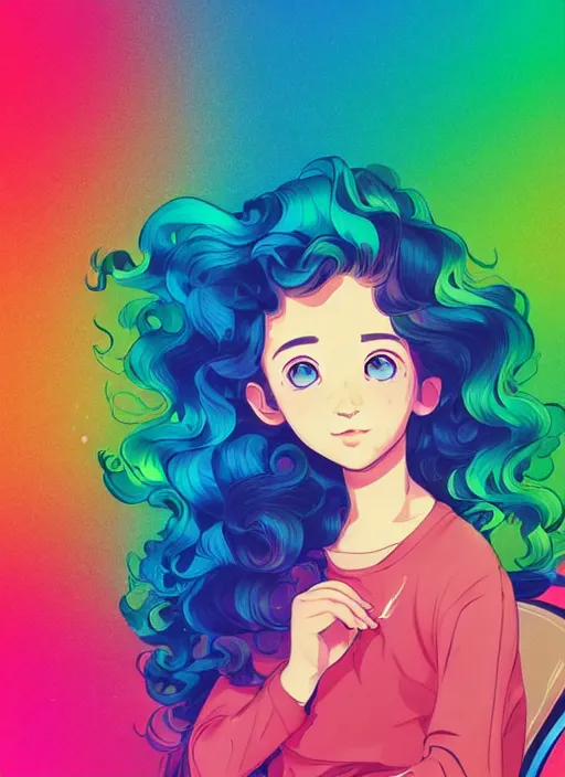 Image similar to a little girl with wavy curly rainbow hair sitting in an armchair. clean cel shaded vector art. shutterstock. behance hd by lois van baarle, artgerm, helen huang, by makoto shinkai and ilya kuvshinov, rossdraws, illustration, art by ilya kuvshinov