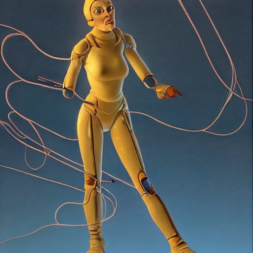 Image similar to woman integrating with technology, full body, abundent wiring and implants, sci-fi, highly detailed, Ralph McQuarrie and Peter Kemp