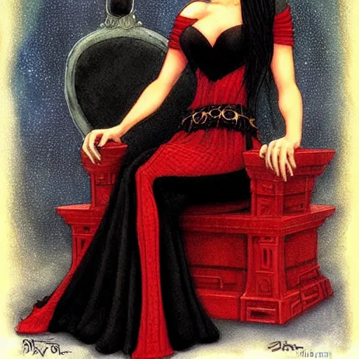 Image similar to fantasy painting of a beautiful dark princess, style of gerald brom, dark hair, black and red dress, blue eyes, sitting on a dark wooden throne, drinking coffee