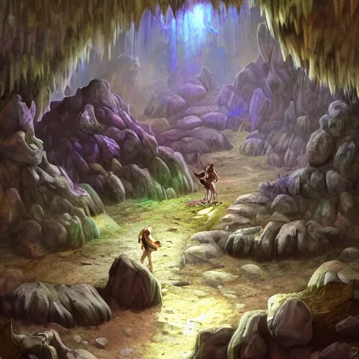 Prompt: caveman rave in a crystal filled cave, deviantart contest winner, fantasy art, concept art, official art, matte drawing