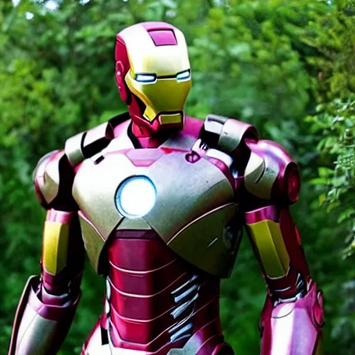 Image similar to overgrown abandoned iron man suit, highly detailed, 4k realistic photo