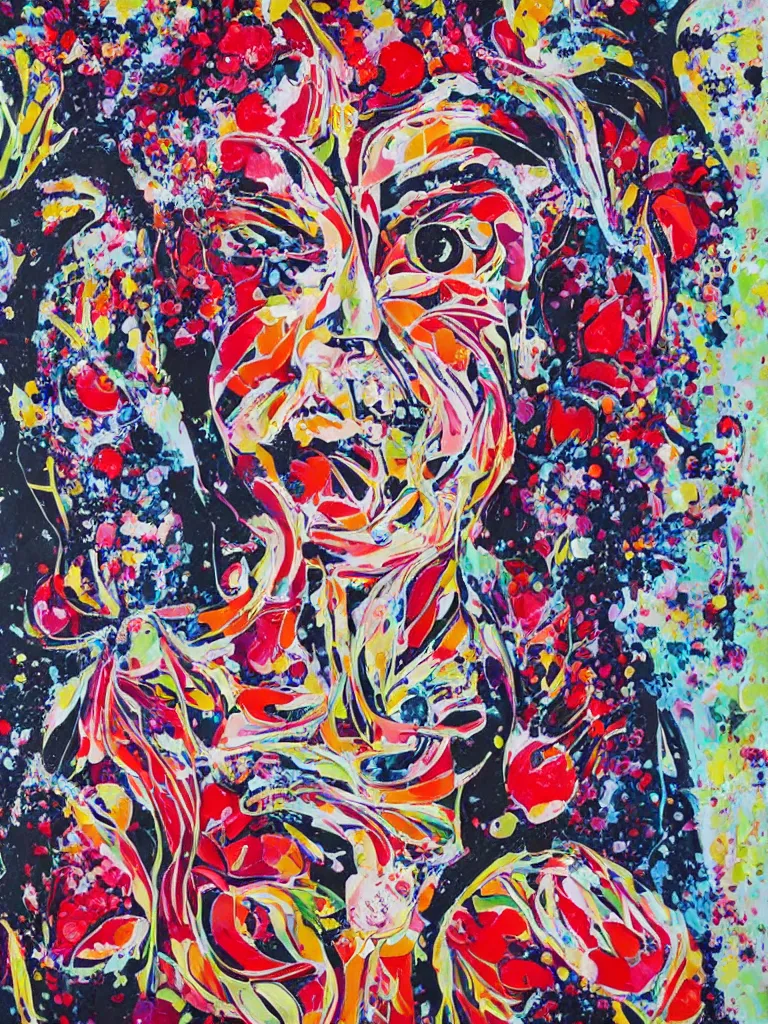 Image similar to “art in an Australian artist’s apartment, organic, portrait of a woman wearing white cotton cloth, neoexpressionist, eating luscious fresh raspberries and strawberries and blueberries, edible flowers, black background, aboriginal Dreamtime, Eora, Gadigal, intricate, bold colour, acrylic and spray paint and wax and oilstick on canvas”