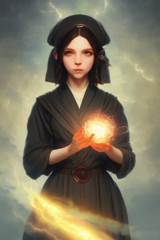 Image similar to a cute wizard girl conjuring a lightening ball, character art portrait, anime key visual, official media, illustrated by tom bagshaw, wlop, william bouguereau, extremely detailed, 8 k, trending on artstation, cinematic lighting, beautiful