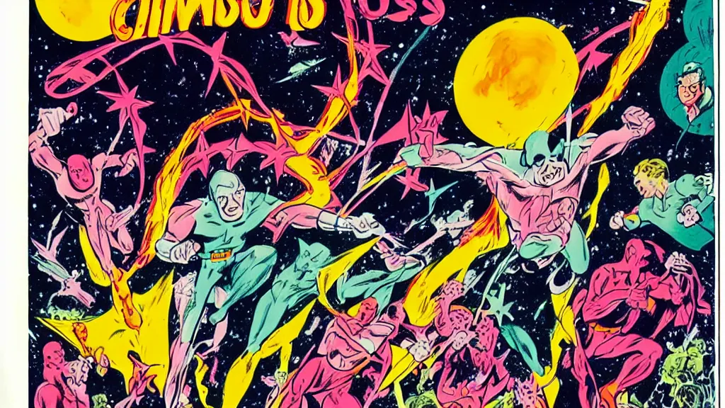 Image similar to the cosmos by Steve Ditko and P. Craig Russell, in color