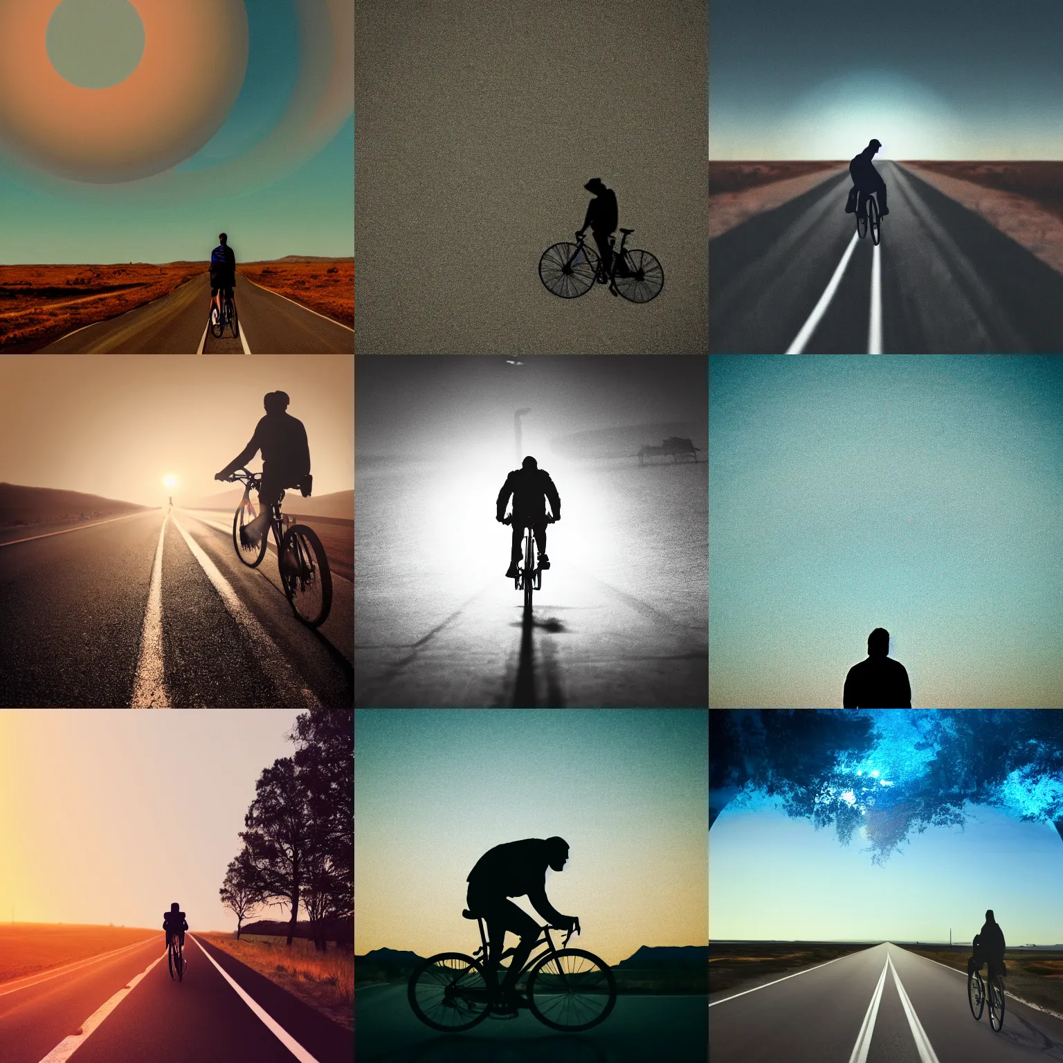 Prompt: high detail photo of a silhouette of a man riding a bicycle on a long road, behind him a giant blue saturn, cinematic, atmospheric, spooky, hazy, 8k, tranquil, desolate