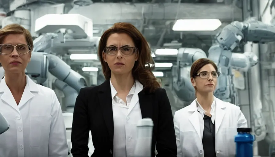 Image similar to big budget action movie about female scientist confronts male ceo about robot photographs