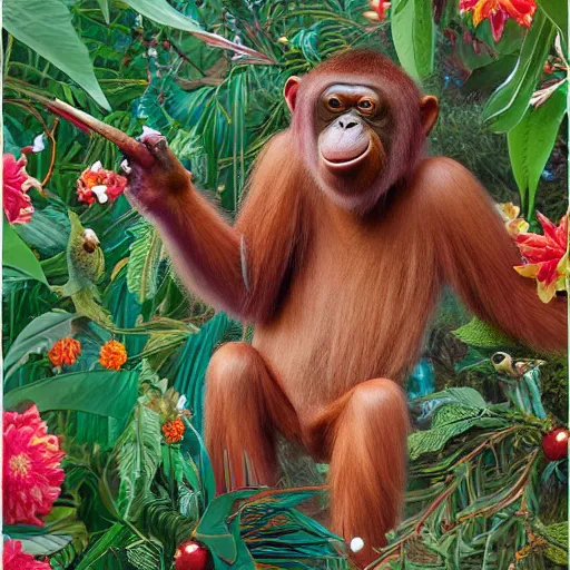 Image similar to portrait of an orang - utan surrounded by hummingbirds and fine floral ornaments, eye - level medium - angle shot, intricate, floral background, by esao andrews, by m. w. kaluta, by yoshita amano, intricate, symmetrical, natural lighting, smooth, 3 d octane render, depth perception, 4 k,, artstation