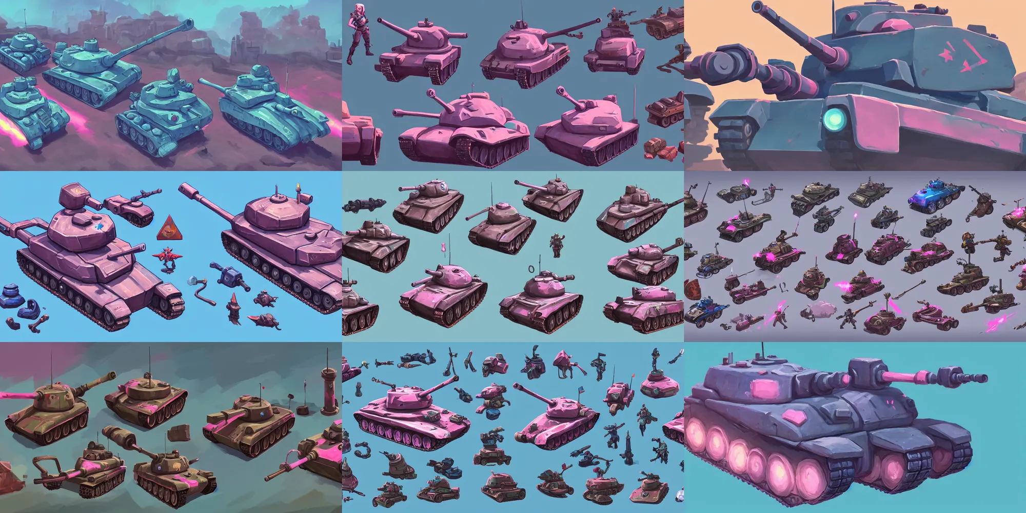 Prompt: game asset of tanks, in gouache detailed paintings, props, stylized, 2 d sprites, kitbash, arcane, overwatch, blue and pink color scheme, 8 k, close up