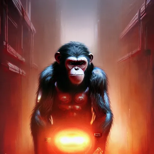 Image similar to a biomechanical cyborg ape with a scar on his eye, planet of the apes, with one red glowing eye sitting on top of a tank, hero character art, scars, by chris leib and greg rutkowski and android jones in a dark fantasy cyberpunk style, oil on canvas, dramatic lighting, raytracing, 8k, hd.