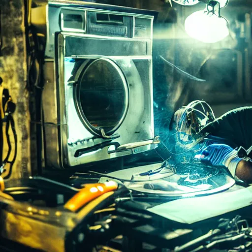 Image similar to technician repairing head of toaster oven mecha, dark messy smoke - filled cluttered workshop, dark, dramatic lighting, orange tint, cinematic, highly detailed, sci - fi, futuristic, movie still