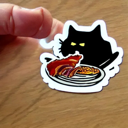Image similar to A sticker with a cat eating a bacon.Cartoon.digital art.high quality.high accuracy.colorful.beautiful