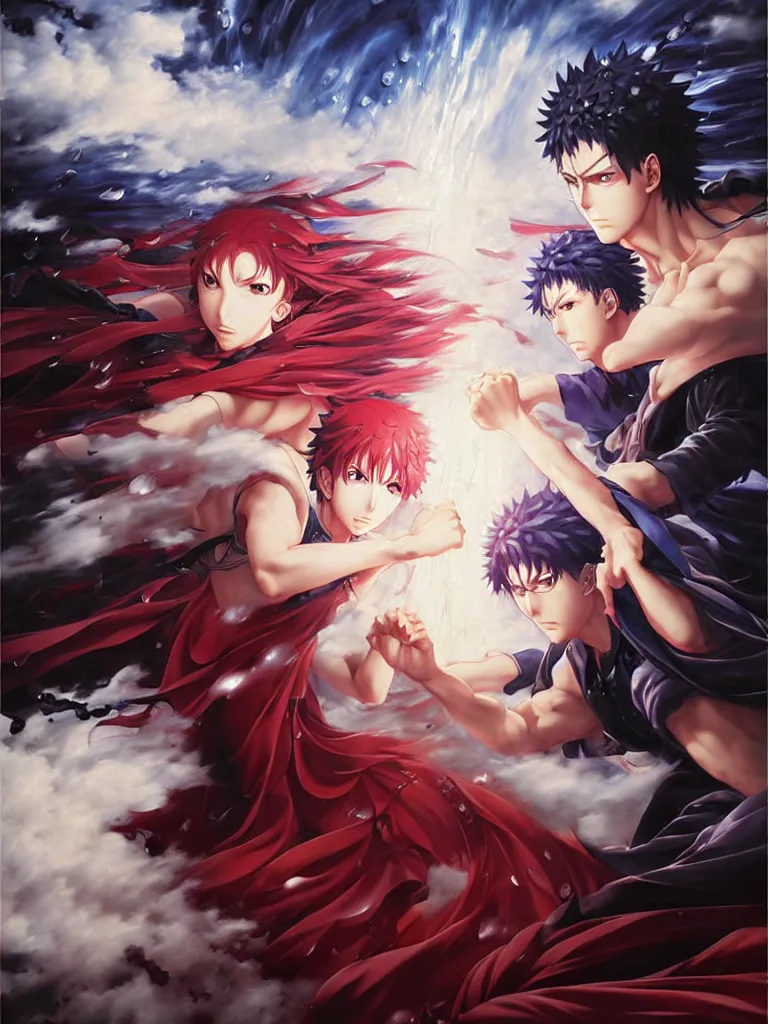 Image similar to baroque oil painting of key visual kunoichi fight, rain, painting by makoto shinkai takashi takeuchi yoshiyuki sadamoto, fate stay night, wlop and artgerm