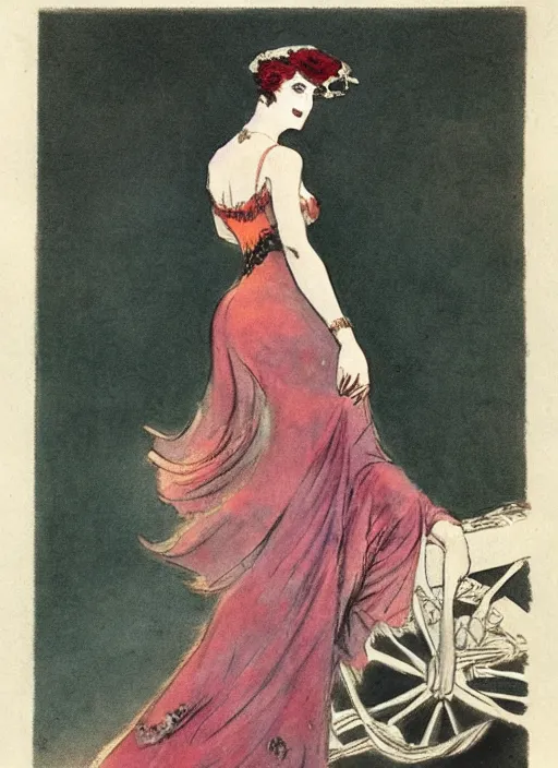 Image similar to Louis Icart, an old elaborate colored drawing of a woman posing eloquently in front of a 1920's car, wearing flowing dress, by Louis Icart, highly detailed, masterpiece