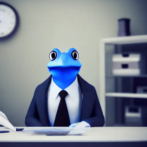 Image similar to octane render professional portrait of a blue frog wearing a suit sitting in an office,