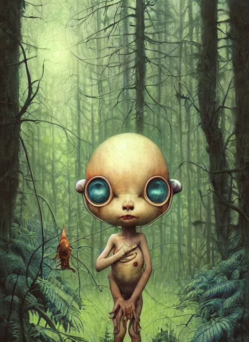 Image similar to cute alien in the woods by a river gorgeous lighting, lush forest foliage blue sky a hyper realistic painting by chiara bautista and beksinski and norman rockwell and greg rutkowski, tom bagshaw weta studio, and lucasfilm