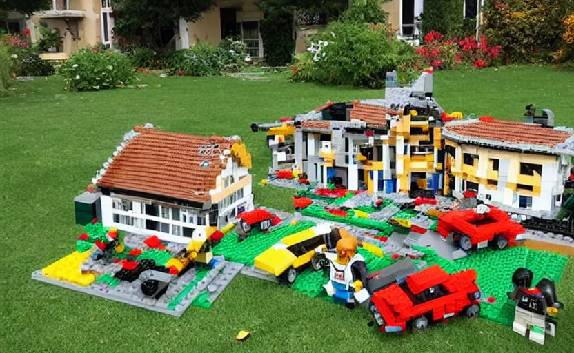 Prompt: a crashed villa made out of lego, pieces of lego laying on the lawn