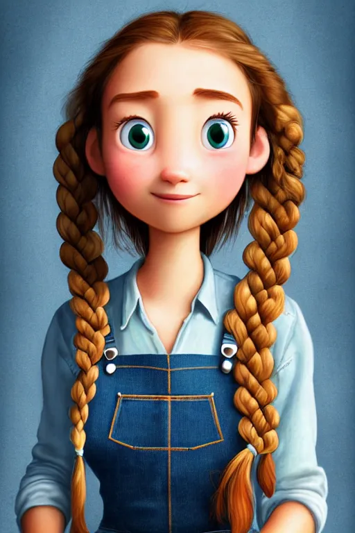 Prompt: complete view of the character design of a beautiful female young farmer with long brown braided hair and a beautiful face by wlop, wearing blue jean overalls, in the style of pixar, disney