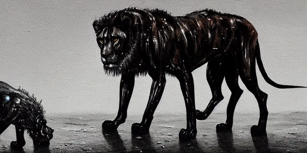 Image similar to the black lioness made of ferrofluid, walking in the suburban neighborhood, dripping tar. painting, environment art, realistic, detailed