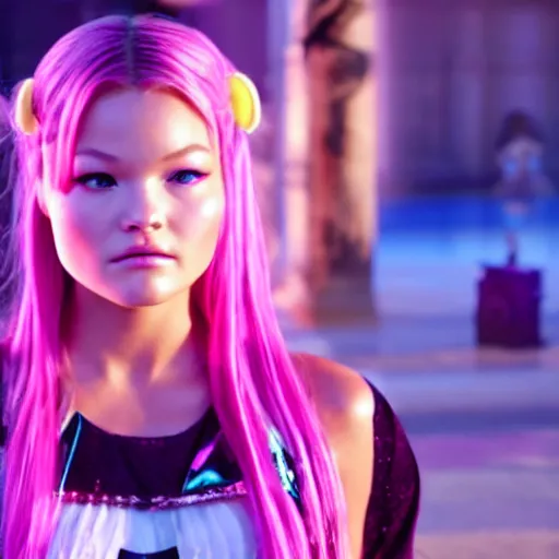 Image similar to cinematic scene with olivia holt as jolyne from jojo's bizarre adventure, live action film, stone ocean, dramatic, small details, volumetric lighting, still frame