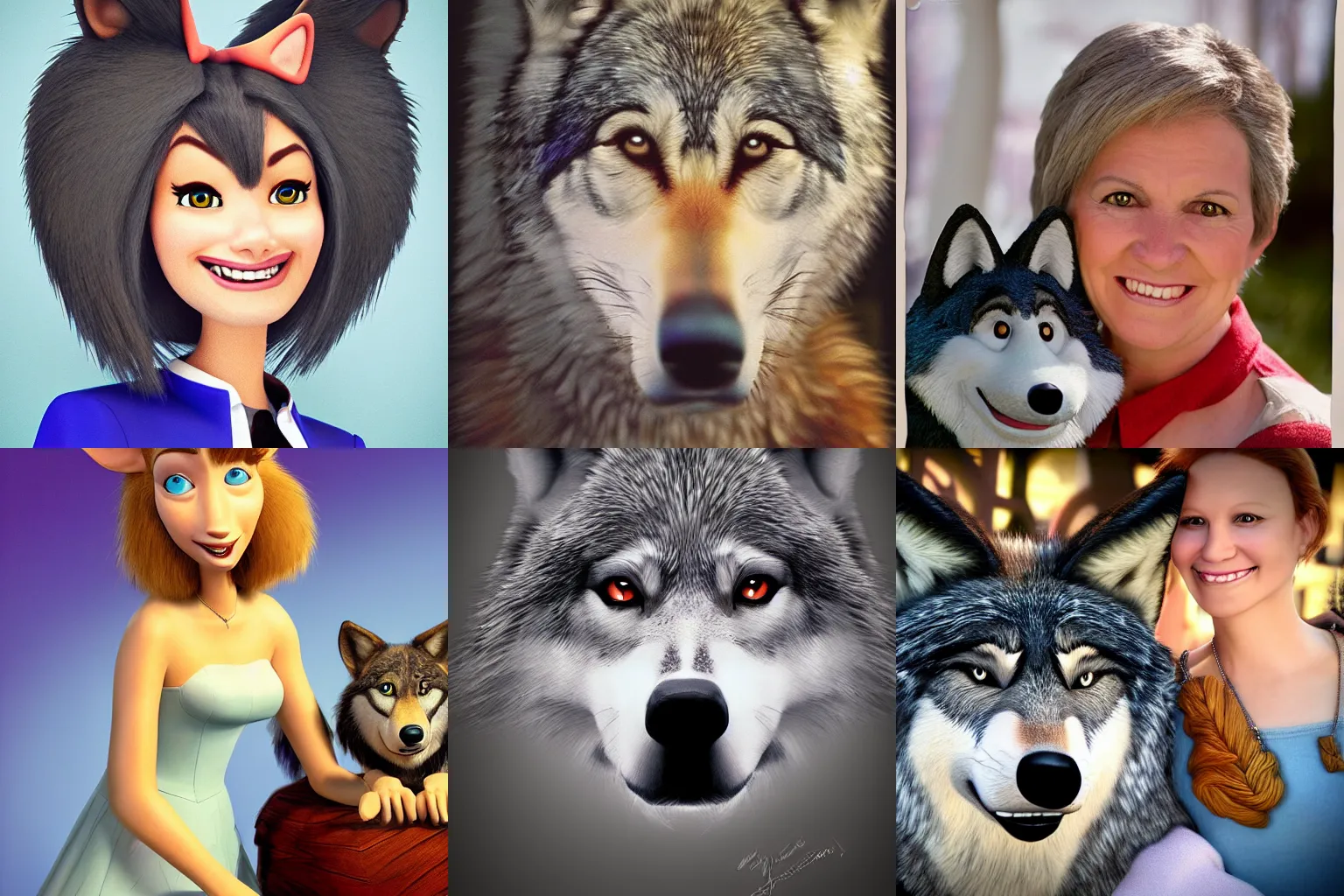 Prompt: portrait, pixar disney, photo of a wolf lady