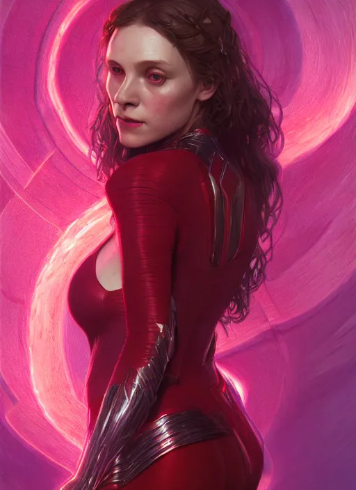 Image similar to Scarlet Witch, full body portrait, hyper detailed, digital art, trending in artstation, cinematic lighting, studio quality, smooth render, unreal engine 5 rendered, octane rendered, illustration, art style by klimt and nixeu and ian sprigger and wlop and krenz cushart