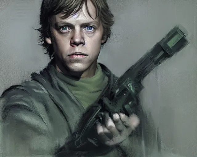 Image similar to portrait of young luke skywalker mark hamill young from star wars 6 return of the jedi 1 9 8 3 in shades of grey but with green by jeremy mann